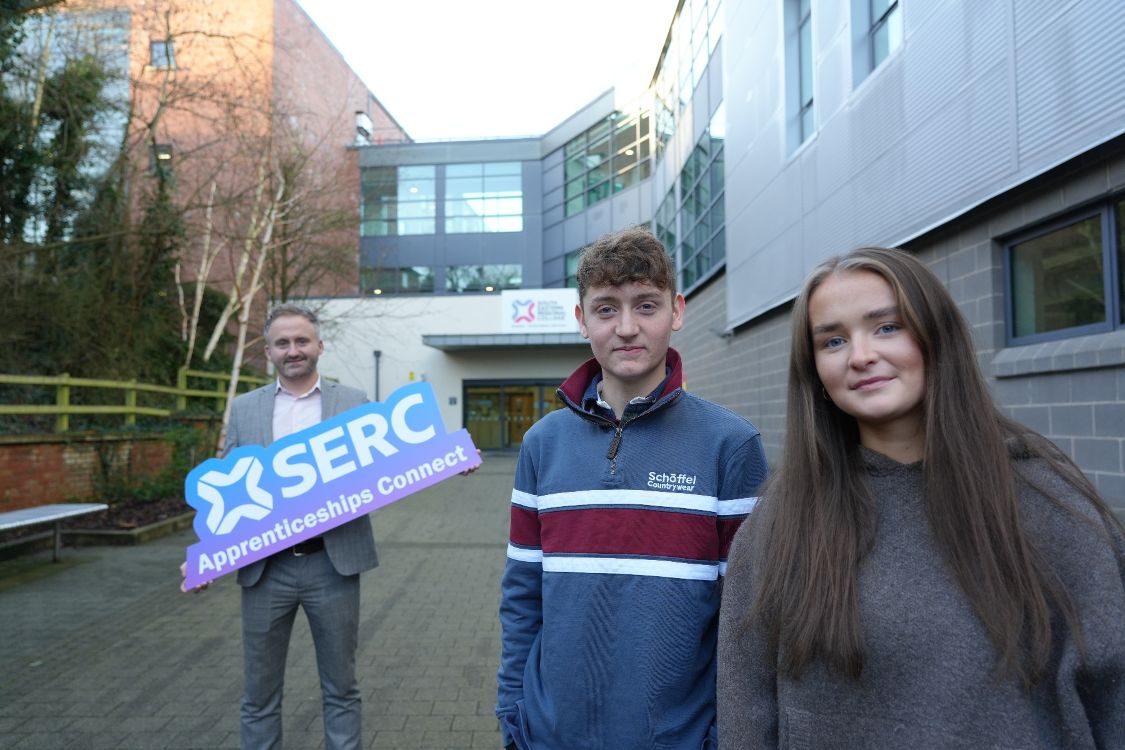 David Gore, Apprenticeship Development Manager at SERC with Luke Kinnear (18), from Hillsborough, employed by Charles Brand and Aisling Hyndman (19), from Belfast, employed by Department for Infrastructure, both are completing Level 3 Apprenticeship NI in Civil Engineering at the college.